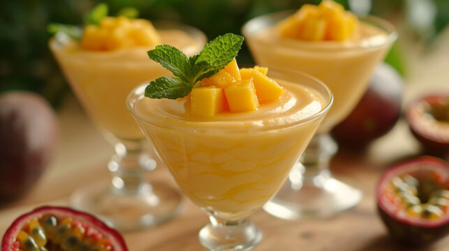 fruit mousse dessert, enjoy a visually stunning and delicious treat with mango and passion fruit mousse in delicate glass cups a light and airy dessert option