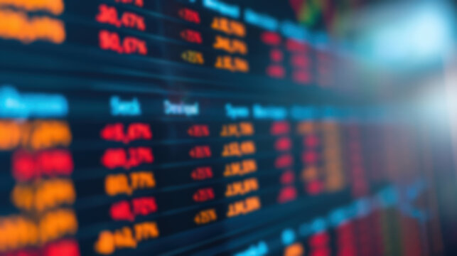 Blurred image of stock market data on a screen showing numbers and trends, representing finance, trading, and investment concepts.