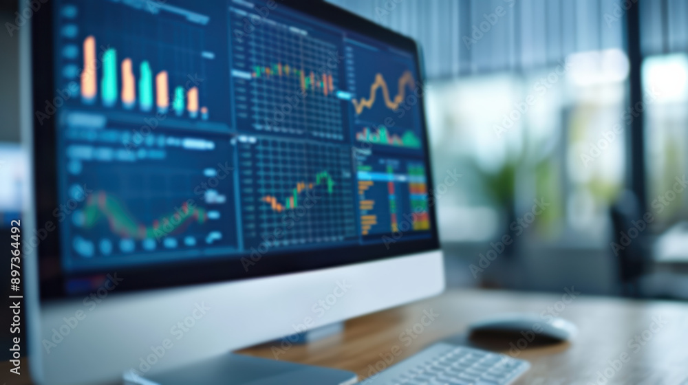 Poster modern desktop computer screen with financial graphs and charts in a professional office setting, sh