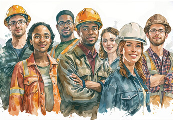 Watercolor portrait of a diverse group of smiling construction workers wearing safety gear and helmets labor day concept illustration