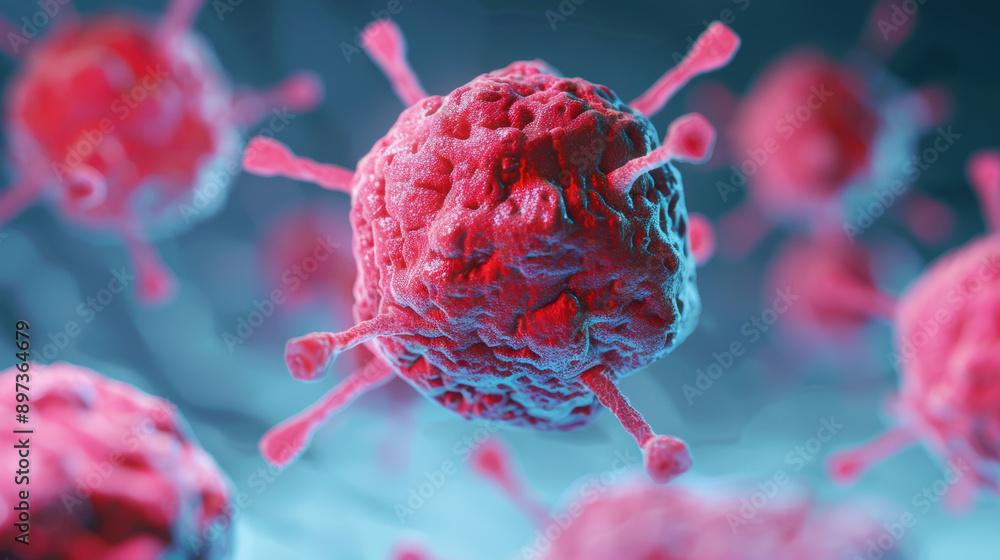Poster close-up of virus cells with a detailed surface structure, showcasing the complexity of microbiology