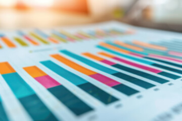 Close-up of colorful bar charts on a financial report, showcasing data visualization and business analysis concepts.