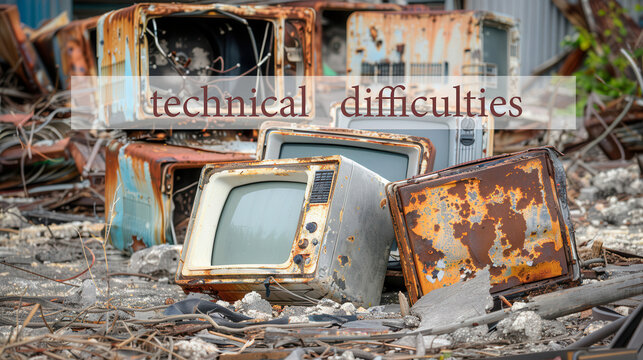 A row of old computers displaying the words technical difficulties