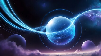 Celestial blue curves radiating signals through a gradient orb on a cosmic night sky