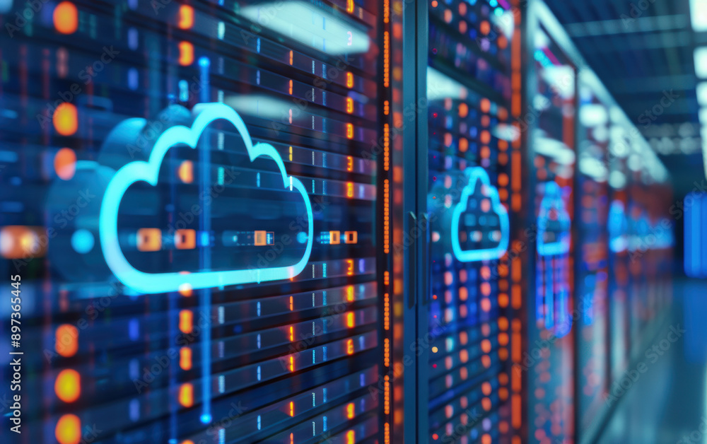 Poster modern data center with illuminated cloud computing symbols reflecting on server racks, demonstratin