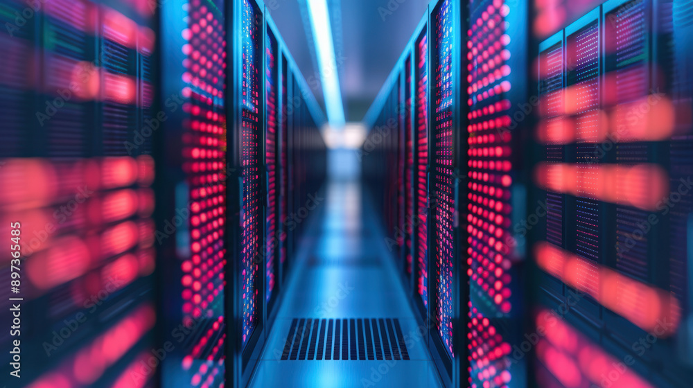 Poster blurred view of a modern data center corridor with glowing server racks, showcasing advanced technol