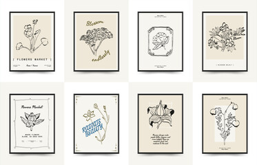 Abstract floral posters template. Modern trendy minimal style. Pink and blue colors. Hand drawn design for wallpaper, wall decor, print, postcard, cover, template, banner. 