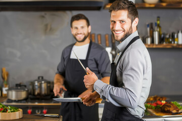 Chefs are joyfully preparing delicious food with fresh ingredients in a modern kitchen
