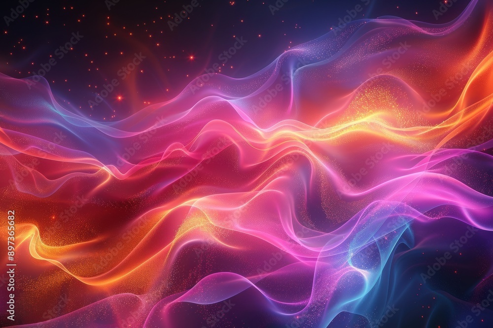 Poster vibrant abstract digital art with swirling, colorful waves and glowing particles, creating a mesmeri