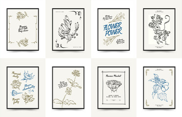 Abstract floral posters template. Modern trendy minimal style. Pink and blue colors. Hand drawn design for wallpaper, wall decor, print, postcard, cover, template, banner. 