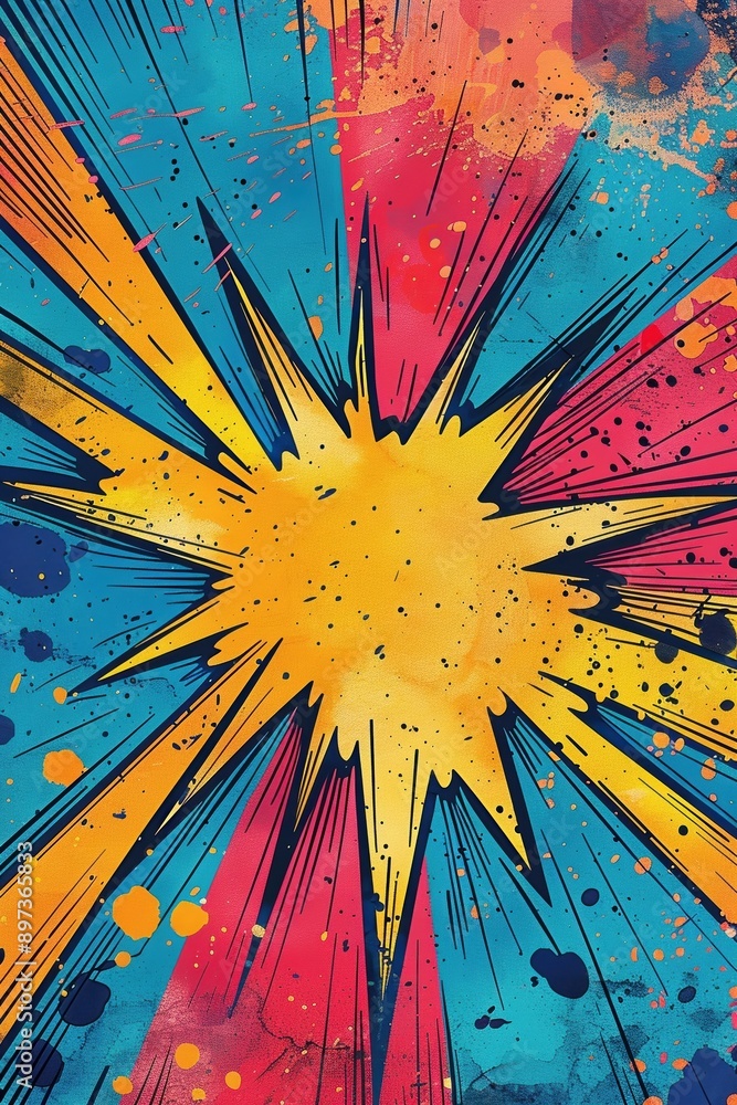 Poster a vibrant comic book style explosion with colorful splashes and dynamic lines creating a sense of ac