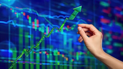 Abstract financial success, hand with upward arrow, blue and green background, stock market graph vector.
