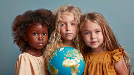 Trio of girls holding Earth globe, promoting global unity and care