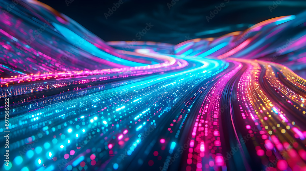 Poster stylized 3d depicting a futuristic digital landscape featuring vibrant neon light trails flowing dat