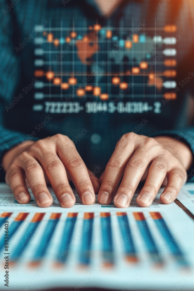 Poster close-up of hands analyzing financial data charts and graphs with futuristic digital interface overl