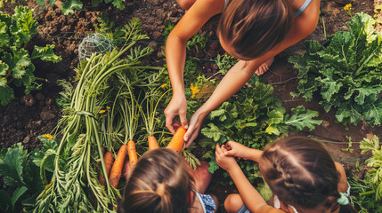 Mother and children harvesting fresh carrots from garden