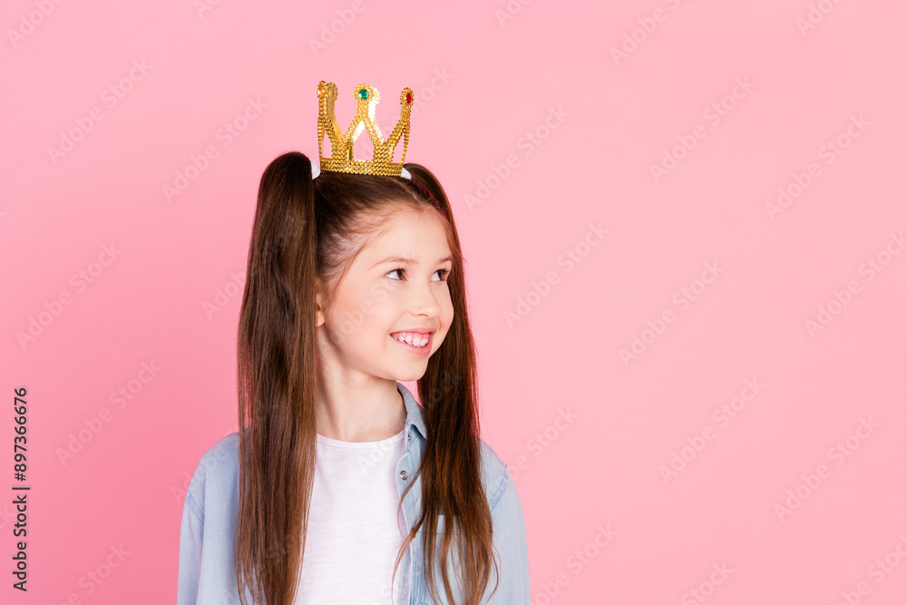 Sticker photo of adorable small girl with long ponytails dressed denim shirt wear crown look at sale empty s