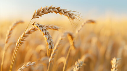 Fototapeta premium Close-up of golden wheat ears in a sunlit field against a clear blue sky. A symbol of agriculture and the harvest season, evoking warmth and abundance.