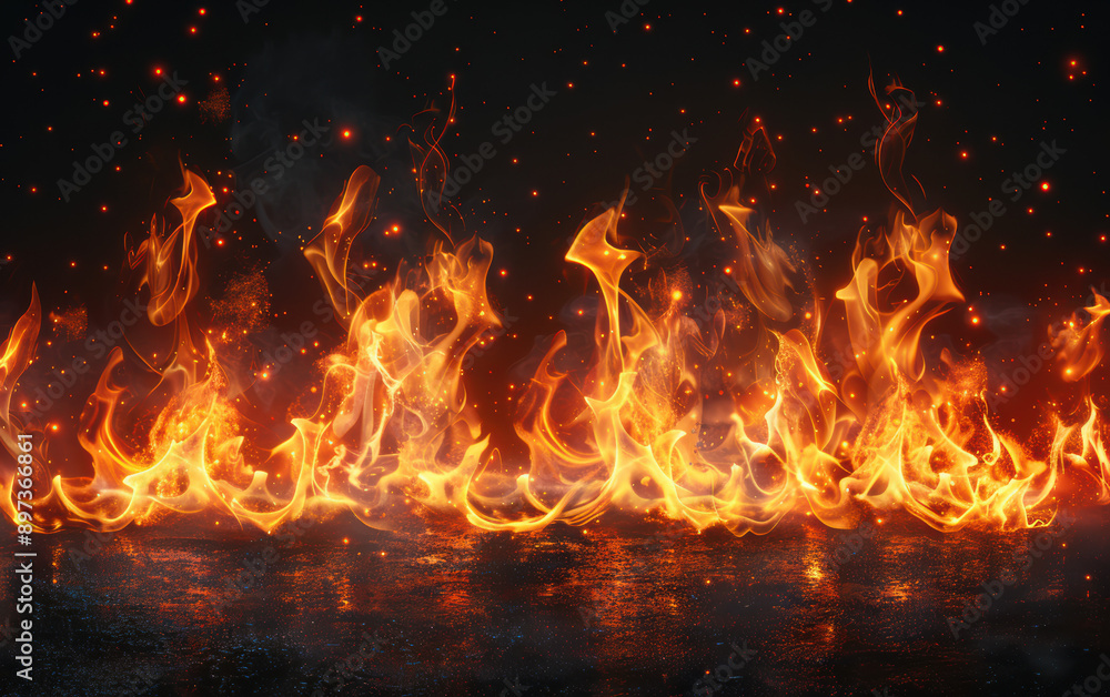 Poster a mesmerizing display of flames dancing on a reflective surface against a dark background, creating 