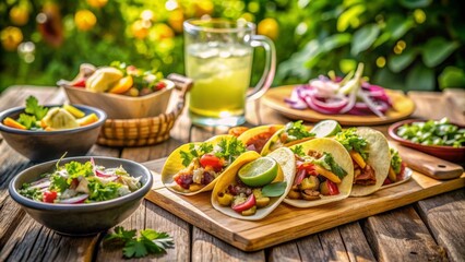 Tacos rellenos de carne y vegetales frescos servidos en una tabla de madera al aire libre con limonada y ensalada.