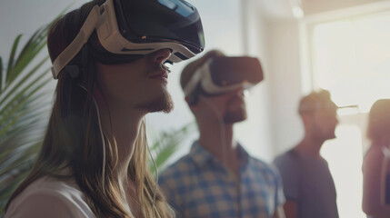 Group of colleagues using VR technology in modern workspace
