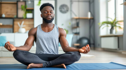 Young man resting after home workout meditation in modern living room