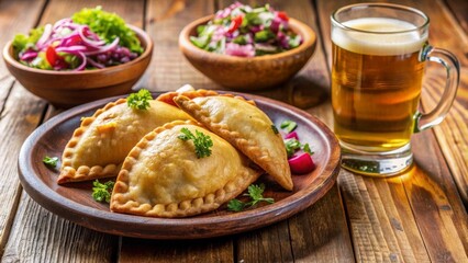 Empanadas rellenas servidas con cerveza y ensaladas frescas en una mesa de madera.