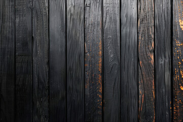 Texture of dark charred wooden boards with a rustic, weathered appearance, showcasing natural patterns and details in a vertical alignment.