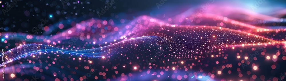 Poster abstract digital background with glowing waves and particles, representing futuristic technology and