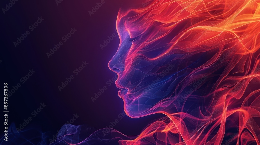 Poster Abstract silhouette of a human face with flowing colorful smoke lines, creating a vibrant and dynamic visual effect against a dark background.