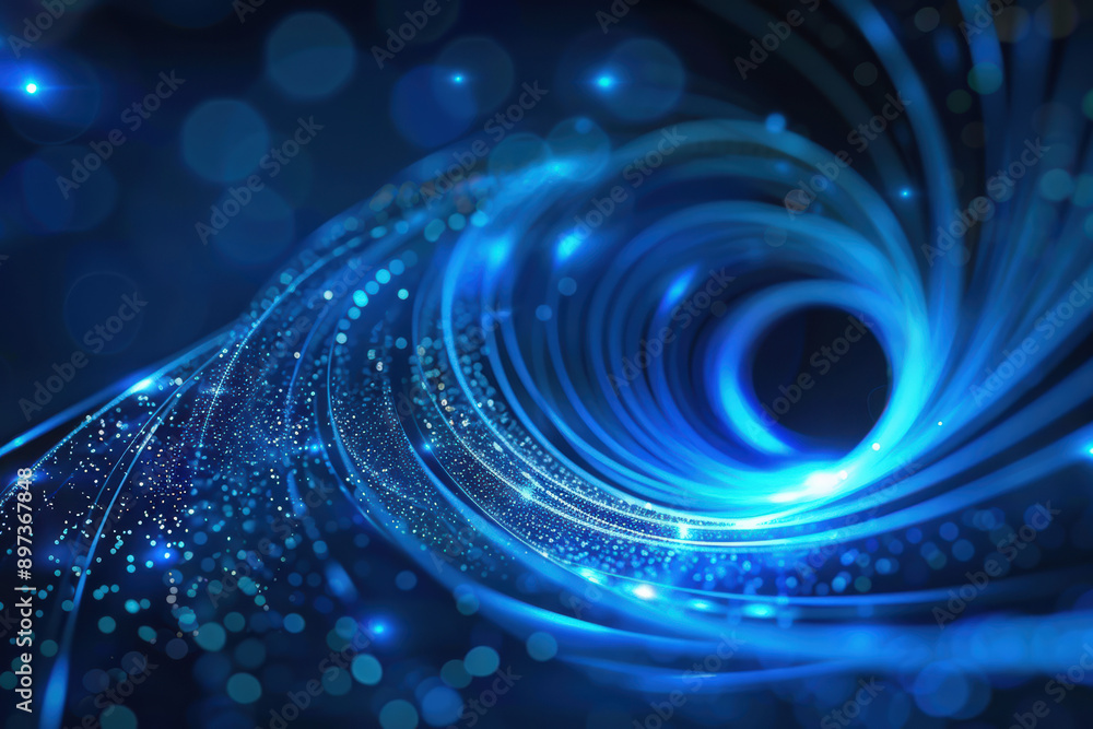 Poster abstract blue light tunnel with bokeh and particles, illustrating technology, futuristic concepts, o