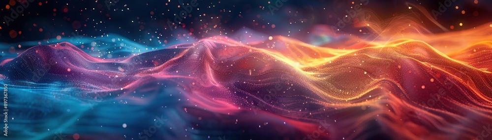 Poster vibrant abstract digital landscape with colorful waves and sparkling particles, creating a futuristi