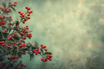 Cotoneaster branch with red berries growing on grunge background creating christmas atmosphere