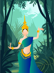 Apsara dancing over the forest background, Cambodia, Khmer Apsara, Creative Drawing, Colorful. Vector