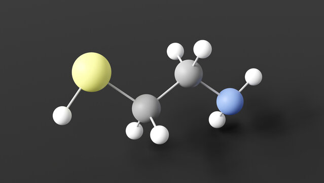cysteamine molecule 3d, molecular structure, ball and stick model, structural chemical formula organosulfur compound
