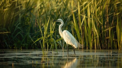 Naklejka premium Great egret standing gracefully in a marsh, its white plumage contrasting with the green reeds and water