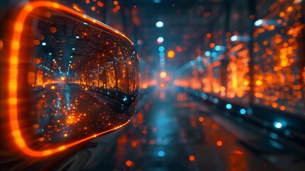 A close-up of a VR headset, reflecting a blurred city landscape filled with colorful lights, showcasing a physics lesson in a virtual environment.
