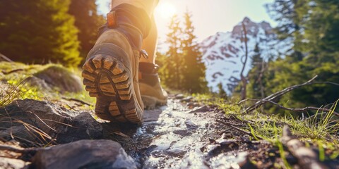 Close-up low angle photo of a man's hiking boots as he hikes on a snow-covered nature trail, with a backpack and walking poles. Stock photo with space for text. Hiking and outdoor adventure concept. 