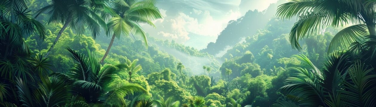 Lush tropical rainforest with dense foliage, towering palm trees, and misty mountains in the background, bathed in soft sunlight, creating a tranquil atmosphere.