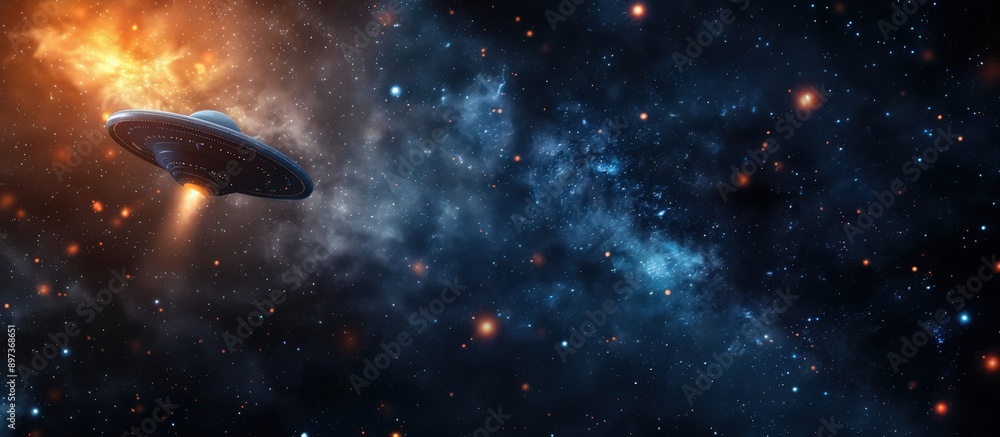 Poster a space background with a ufo flying through it. the background is filled with stars and the ufo is 