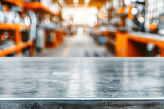 Blurred background of an industrial workshop with a focus on an empty metallic table in the foreground, perfect for product display or design mockups.