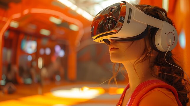 A young woman wearing a VR headset looks intently ahead while taking part in a physics lesson in a virtual reality environment.