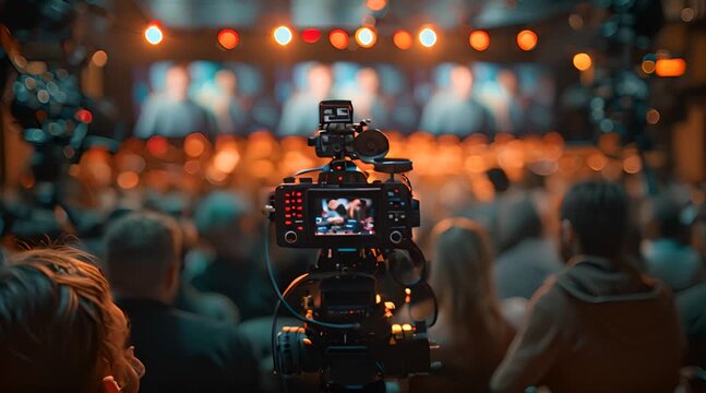 Professional cameraman - covering event with video, cameraman silhouette in live studio news, Selective focus