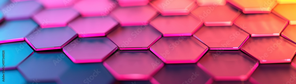 Poster vibrant abstract background with colorful hexagonal shapes in gradient hues, creating a modern, geom