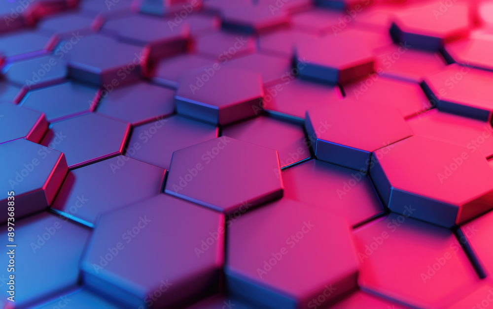 Poster abstract hexagonal pattern with vibrant blue and pink lighting, creating a futuristic and modern dig