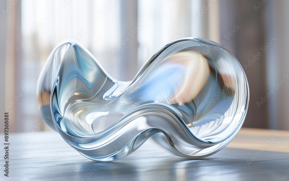 Poster elegant abstract glass sculpture on a wooden table with soft natural light streaming through windows