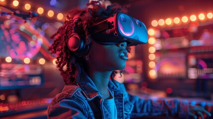 Obraz premium A young student wearing a VR headset participates in a music lesson, their face illuminated by the VR display.