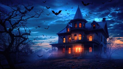 Fototapeta premium Gothic Halloween house with bats in the sky, spooky night, glowing windows