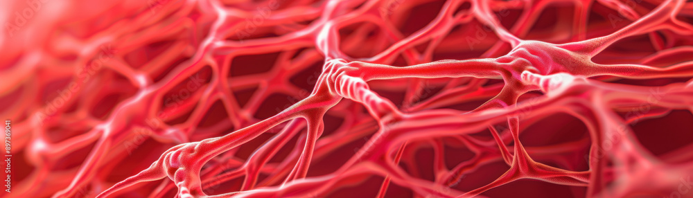Poster close-up of a network of red, interwoven structures resembling biological tissue or microscopic fibe