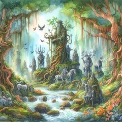 Obraz premium Enchanted Forest with Mystical Creatures and Ancient Statues Surrounded by Nature's Beauty